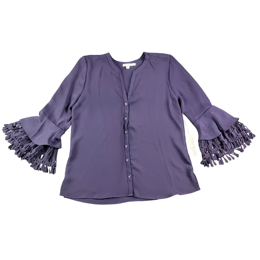 Chicos Dewberry Purple Tiered Lace Flare Sleeve Top Button Front Blouse Size 1